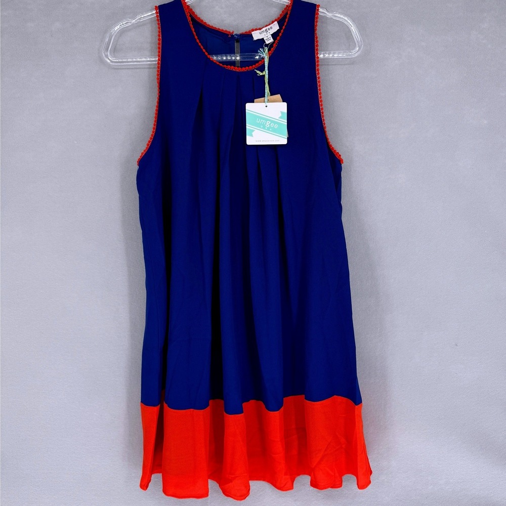 New Umgee Dress Women Small Blue Orange Colorblock Pleated Sleeveless Crochet